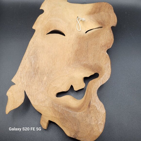 Natural Wood Hanging Wall Decor Carving - Laughing Face Hand Carved - Picture 5 of 15